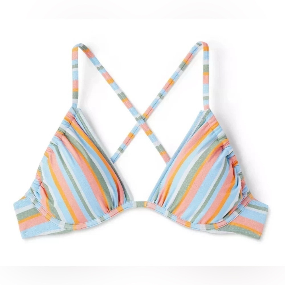Women's Small Underwire String Bikini Top Colorful Shimmer Stripe Padded Sexy